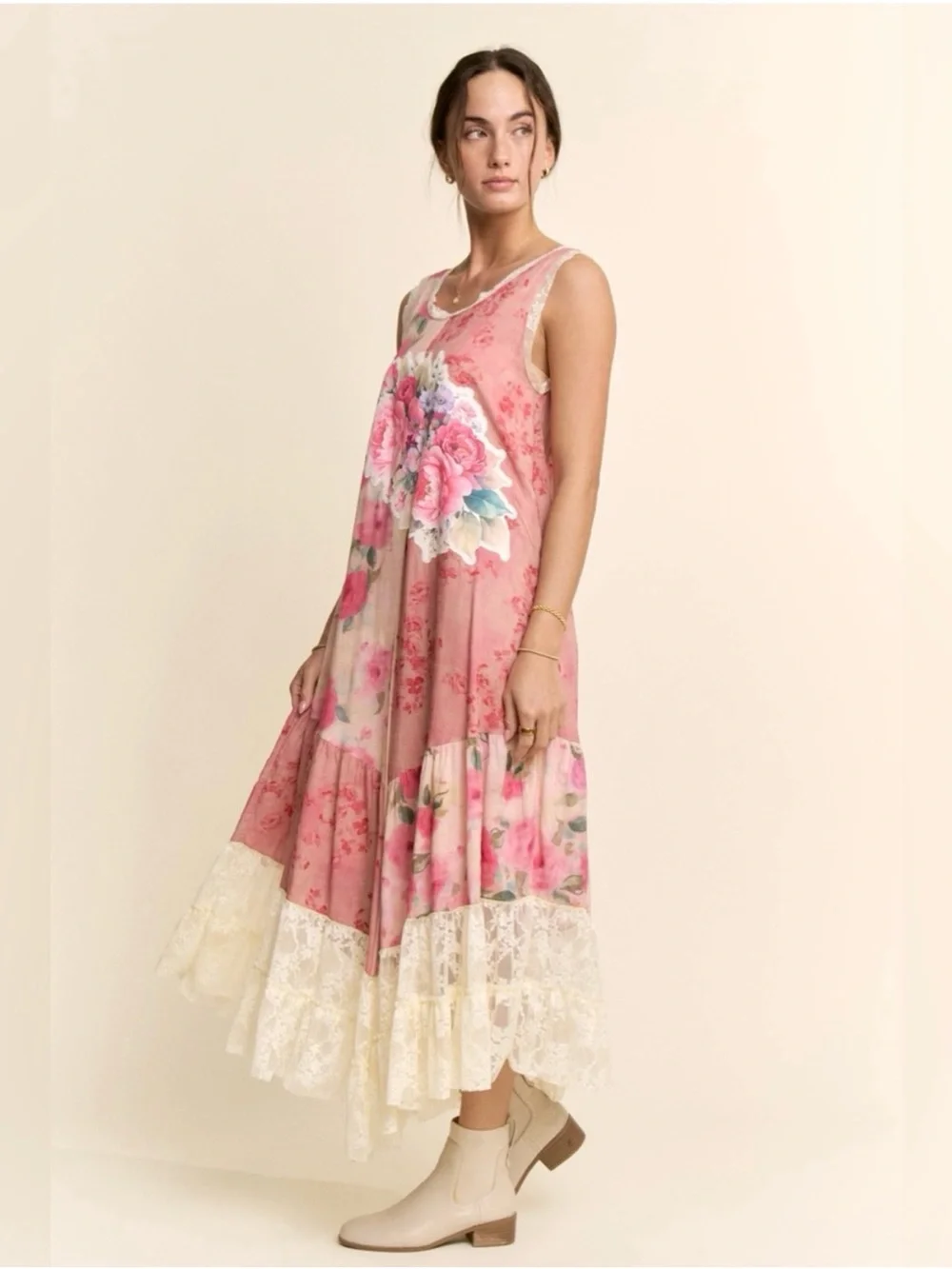 NEW Pink Floral Lace-Trim Maxi Dress — Romantic Sleeveless Gown Size 2X BRB SL - Picture 11 of 14